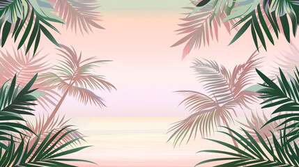 Abstract background with green and pink palm leaves against gentle sea breeze. Summer Vacation Advertisement, dreamy aesthetic