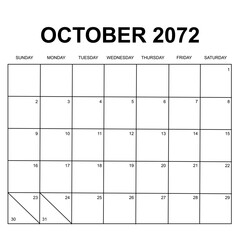 october 2072. monthly calendar design. week starts on sunday. printable, simple, and clean vector design isolated on white background.