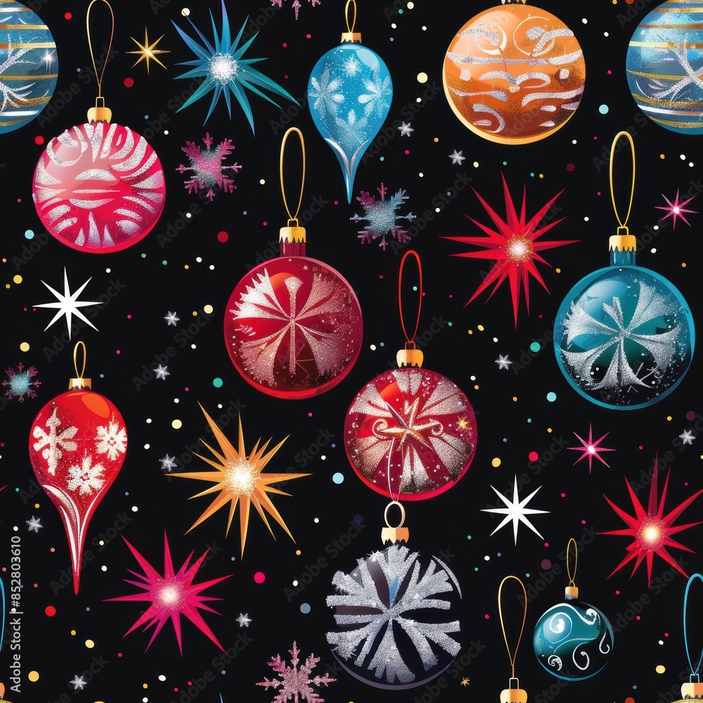 Poster this image features a seamless pattern of colorful christmas ornaments with glitter, set against a b