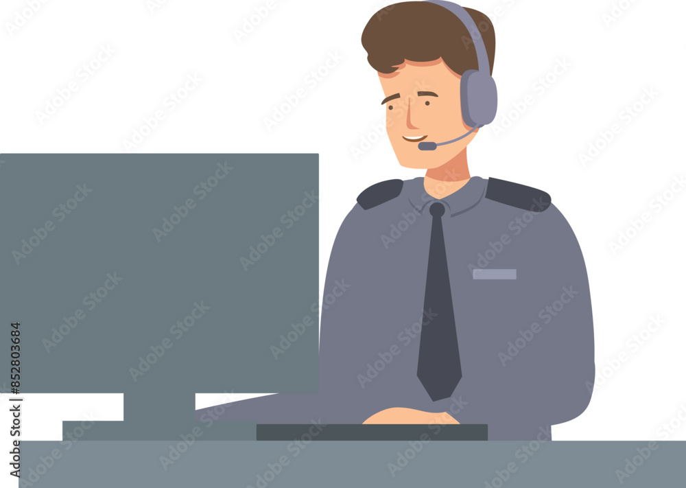 Aufkleber security guard wearing headset working on computer at desk in security room