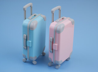 Pink and blue travel suitcases on blue background.	