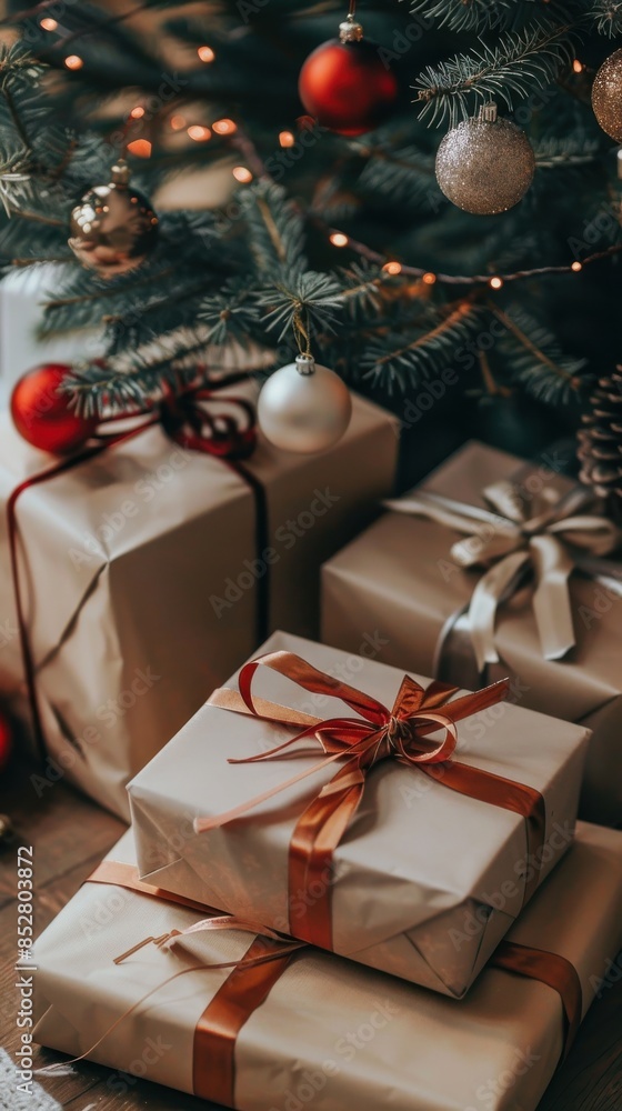 Aufkleber a close-up view of several christmas presents wrapped in brown paper with red and gold ribbon undern