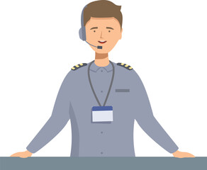 Airport officer wearing a headset answering questions at an information desk