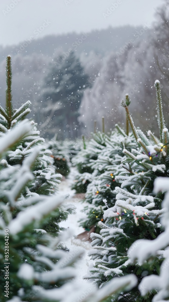 Poster A row of Christmas trees covered in fresh snow, with a light dusting of snow falling in the background. The trees are all green and the snow is white, creating a beautiful winter scene.