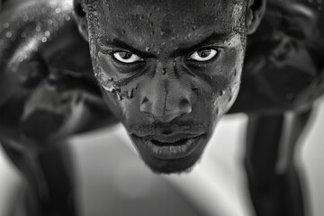 Obraz premium Intense Focus of Long Jumper Preparing for Leap - Black and White Sports Photography