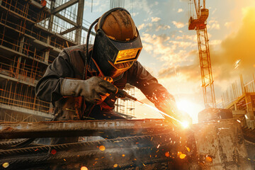 Construction Worker Welding at Sunset 