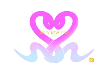 Fototapeta premium 2025年 ハートをつくるヘビのイラストのおしゃれな年賀状 巳年 ピンク