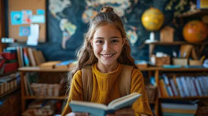 Happy homeschool student holding a book, sitting at a desk with educational supplies