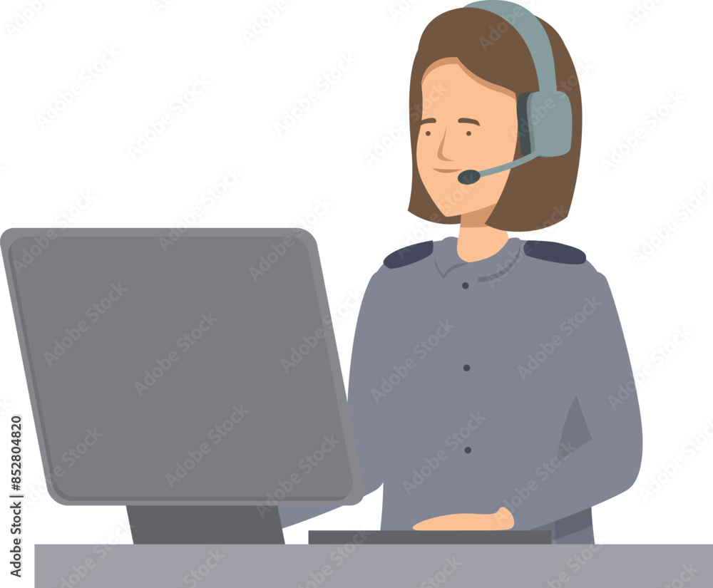 Poster smiling female customer service representative working on computer with headset