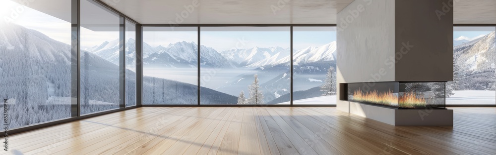 Poster a large, empty room with a fireplace and a view of the mountains. the room is very spacious and has 