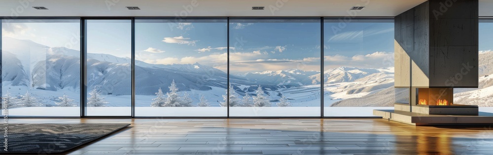 Poster A large window with a view of snow covered mountains. The room is empty and has a modern design