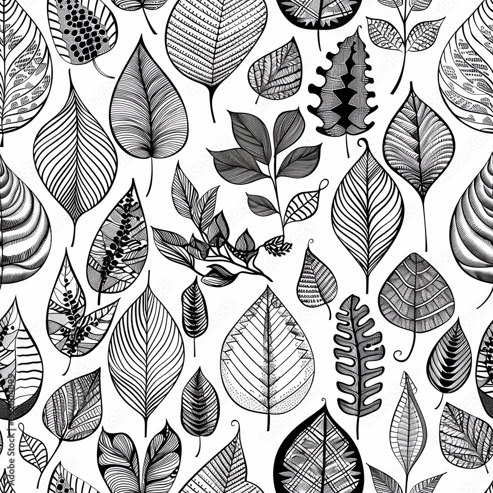 Aufkleber this image is a seamless pattern of black and white hand drawn leaves. the leaves are drawn in a var