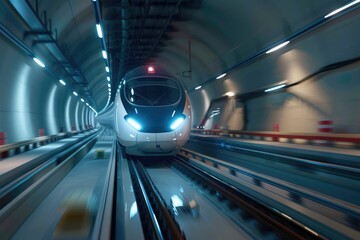Super streamlined train with motion blur moves in tunnel.