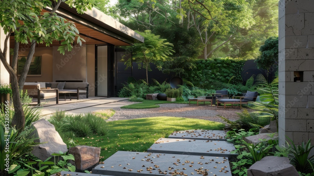 Poster A beautiful garden with a stone path and a patio area with a bench and a few chairs. The garden is surrounded by trees and has a peaceful and relaxing atmosphere
