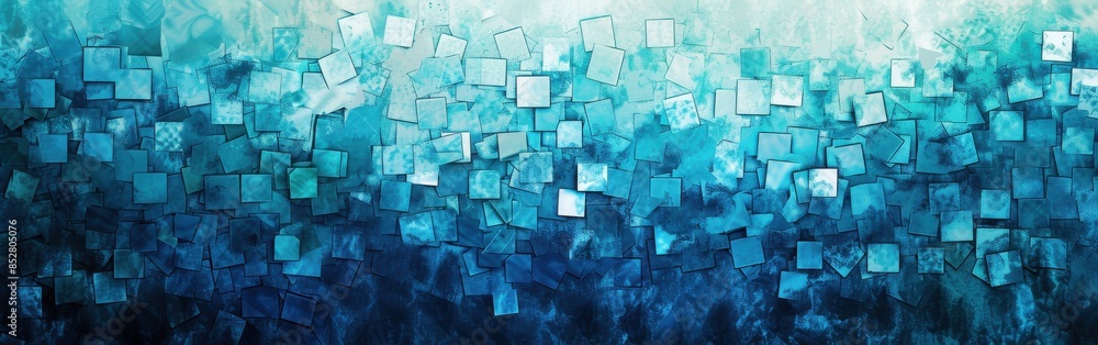 Poster a blue and white abstract painting with many squares. the squares are blue and white and are arrange