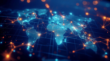 Obraz premium Abstract digital world map with glowing network connections and data points, representing global communication and technology.