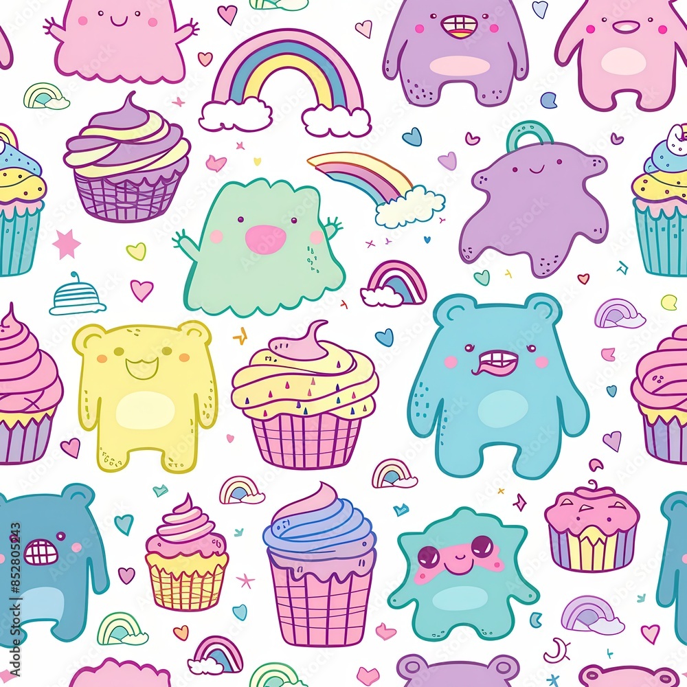 Poster this image is a seamless pattern featuring a variety of cartoon characters, including bears, monster