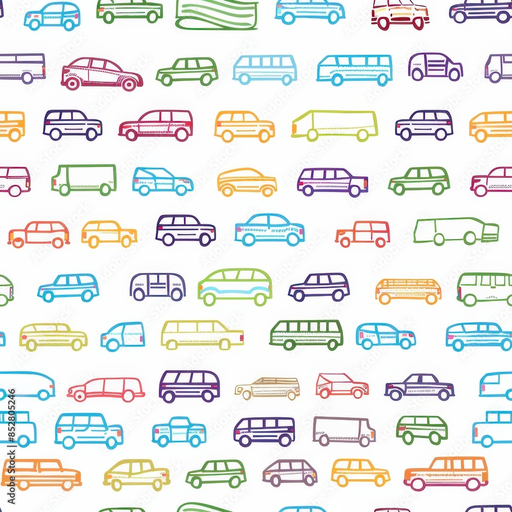 Poster This image features a seamless repeat pattern of colorful hand-drawn cars on a white background. The cars are drawn in a simple, childlike style and include a variety of shapes and sizes, such as seda