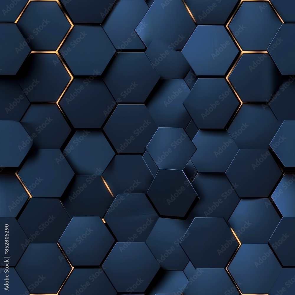 Fototapete A digital illustration of a repeating pattern of blue hexagons with gold highlights. The image has a 3D effect, with the hexagons appearing to be raised and lowered in a staggered pattern. This create