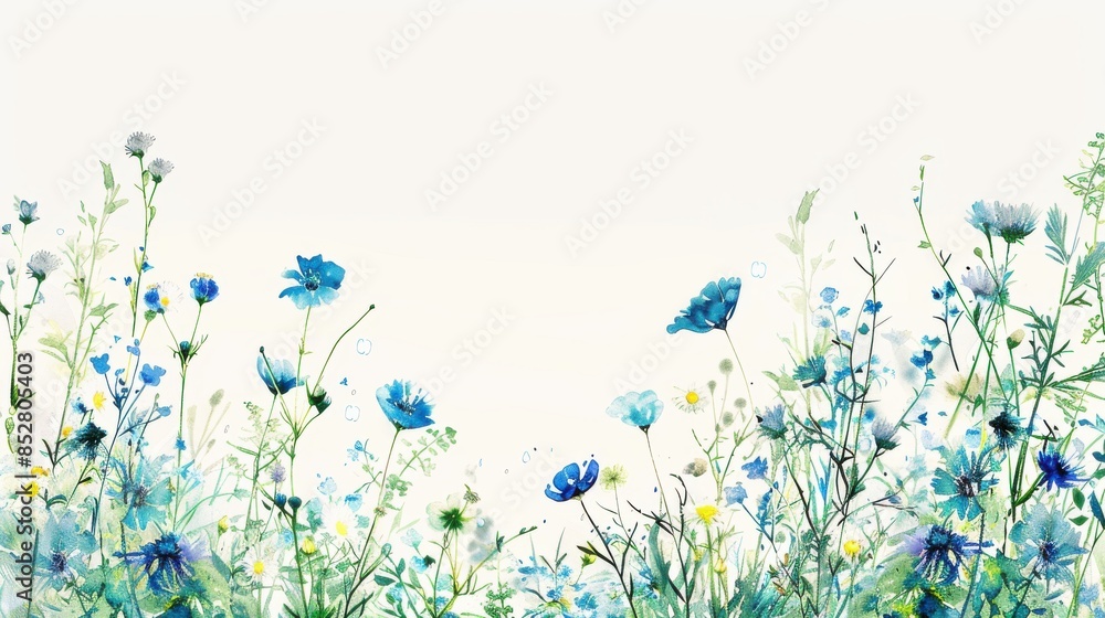 Poster a watercolor painting depicting a field of blue wildflowers. the flowers are in various shades of bl
