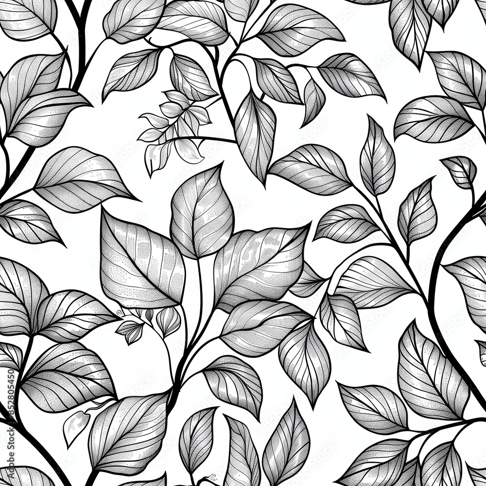 Poster a seamless pattern featuring a detailed black and white illustration of lush foliage. the image focu