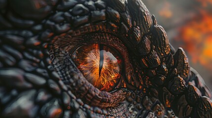 Illustration intense red eyes of an angry black fire dragon.