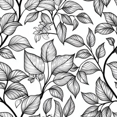 A seamless pattern featuring a detailed black and white illustration of lush foliage. The image focuses on intricate veined leaves, with some small flowers adding to the botanical design. This pattern