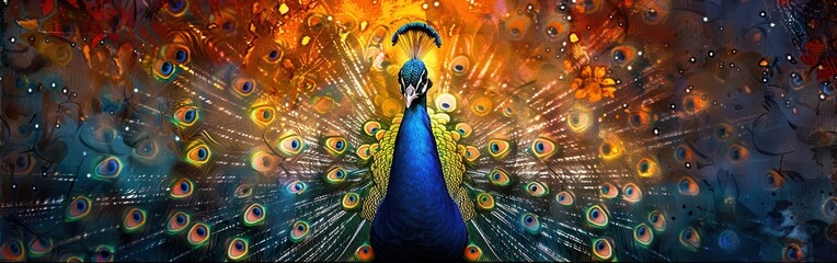 A colorful and detailed painting of a peacock with its feathers spread in a vibrant display. The background is an abstract mix of orange, yellow, and blue hues. The peacocks head and neck are visible,