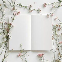 A flat lay photograph showcasing an open notebook with blank pages, surrounded by delicate pink flowers and green stems on a white background. The flowers are arranged symmetrically around the noteboo