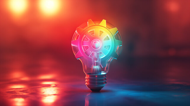 Colorful gear in light buld idea on red 