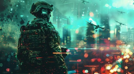 A soldier, clad in camouflage gear, stands in a futuristic cityscape, observing a fleet of drones flying above. The citys neon lights and digital displays create a vibrant and technologically advanced