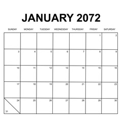 january 2072. monthly calendar design. week starts on sunday. printable, simple, and clean vector design isolated on white background.