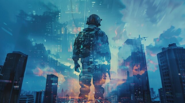 A soldier stands amidst a futuristic city skyline. The image features a digital overlay of data and code, creating a sense of technological advancement and cyberspace. The soldiers presence suggests a