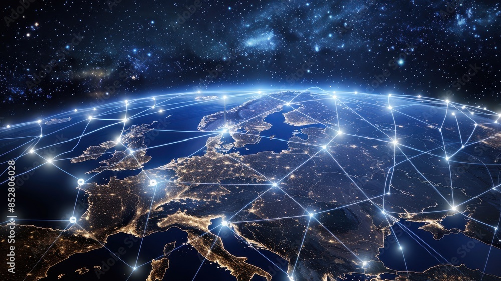 Poster this image depicts a nighttime view of the earth from space, showcasing a network of interconnected 