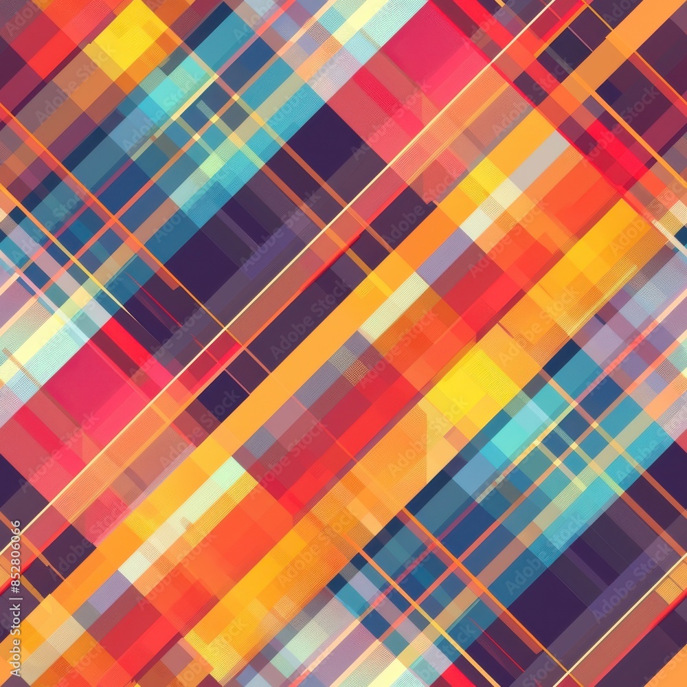 Poster This image features a digital illustration of a colorful abstract pattern. It consists of a series of intersecting diagonal lines, creating a plaid effect. The colors in the pattern are primarily red,