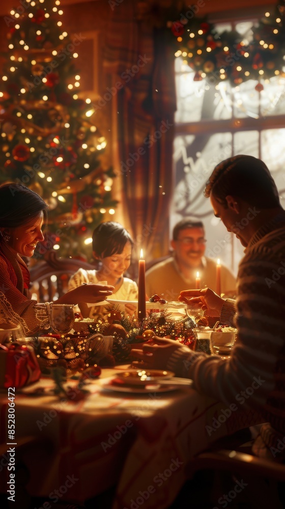 Poster a family of four gathers around a table adorned with christmas decorations and enjoys a meal togethe
