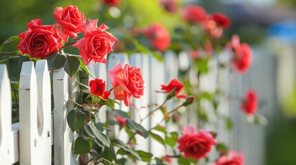 Fototapeta premium On a sunny summer day a cluster of vibrant red roses bloom gracefully along a pristine white picket fence