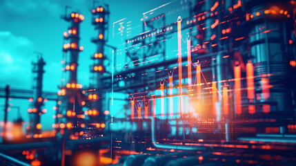 Obraz premium Abstract portrayal of an industrial site with an overlay of financial graphs and data visualizations glowing, symbolizing industrial analytics and economic performance.