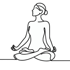 women performing yoga line art, Continuous line drawing of meditating girl, One line woman sitting in lotus pose yoga