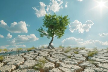 The concept of climate has changed. Dry cracked land with a single tree.