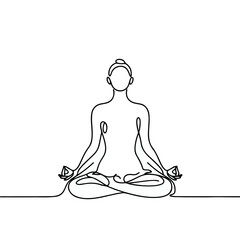 women performing yoga line art, Continuous line drawing of meditating girl, One line woman sitting in lotus pose yoga