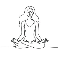 women performing yoga line art, Continuous line drawing of meditating girl, One line woman sitting in lotus pose yoga