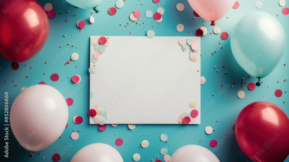 Poster a flat lay image of colorful balloons and confetti scattered around a blank white card on a blue bac