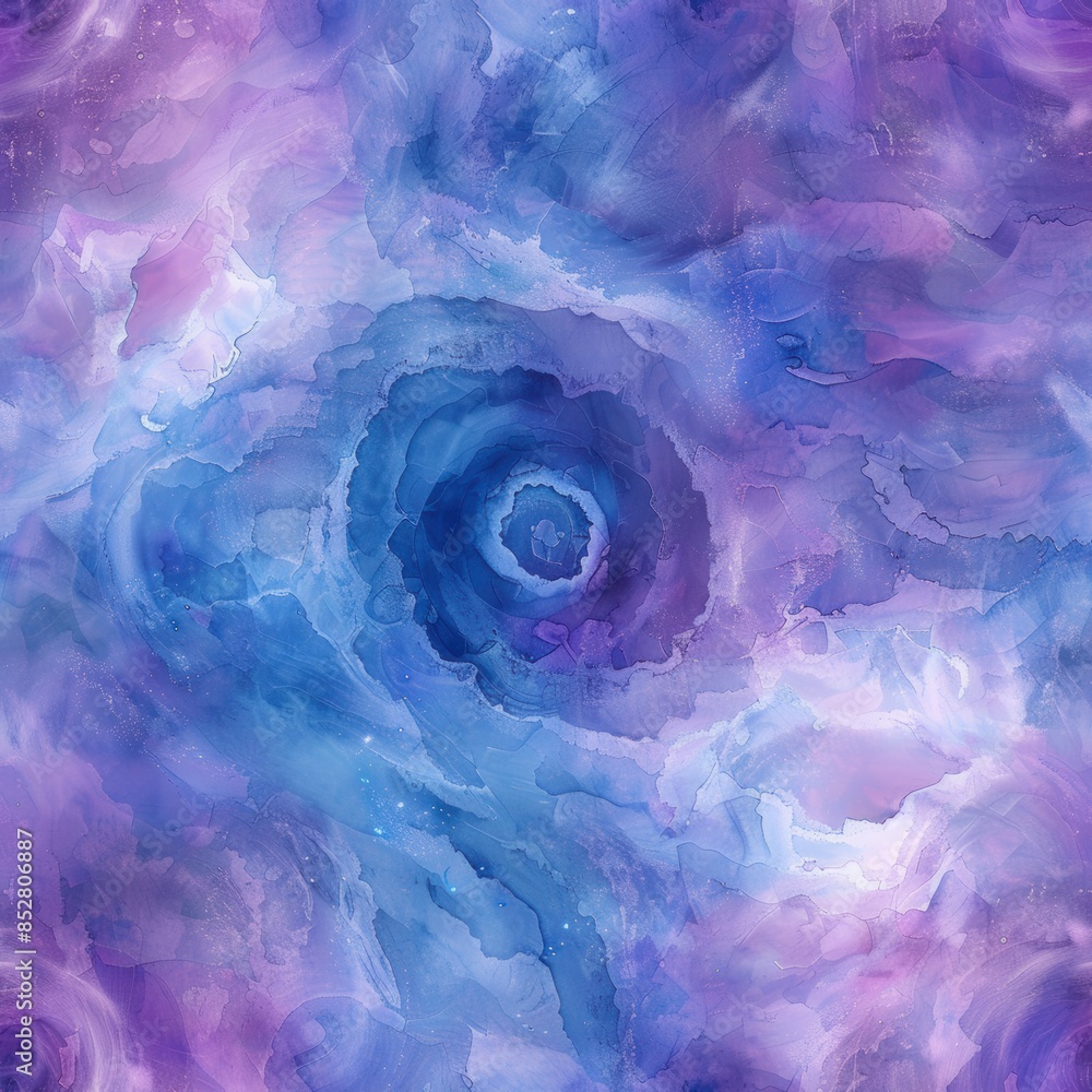 Poster This abstract watercolor painting features swirling patterns of blue and purple hues. The center of the image contains a large, dark blue swirl with a smaller, darker circle at its core. The surroundi