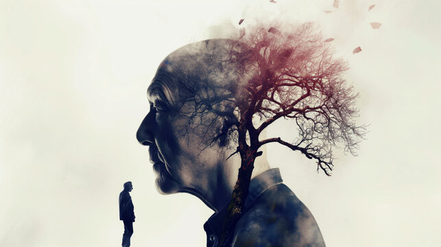 Silhouette of an elderly man with a tree growing from his head, symbolizing memory and thoughts, and a smaller figure standing in the distance.