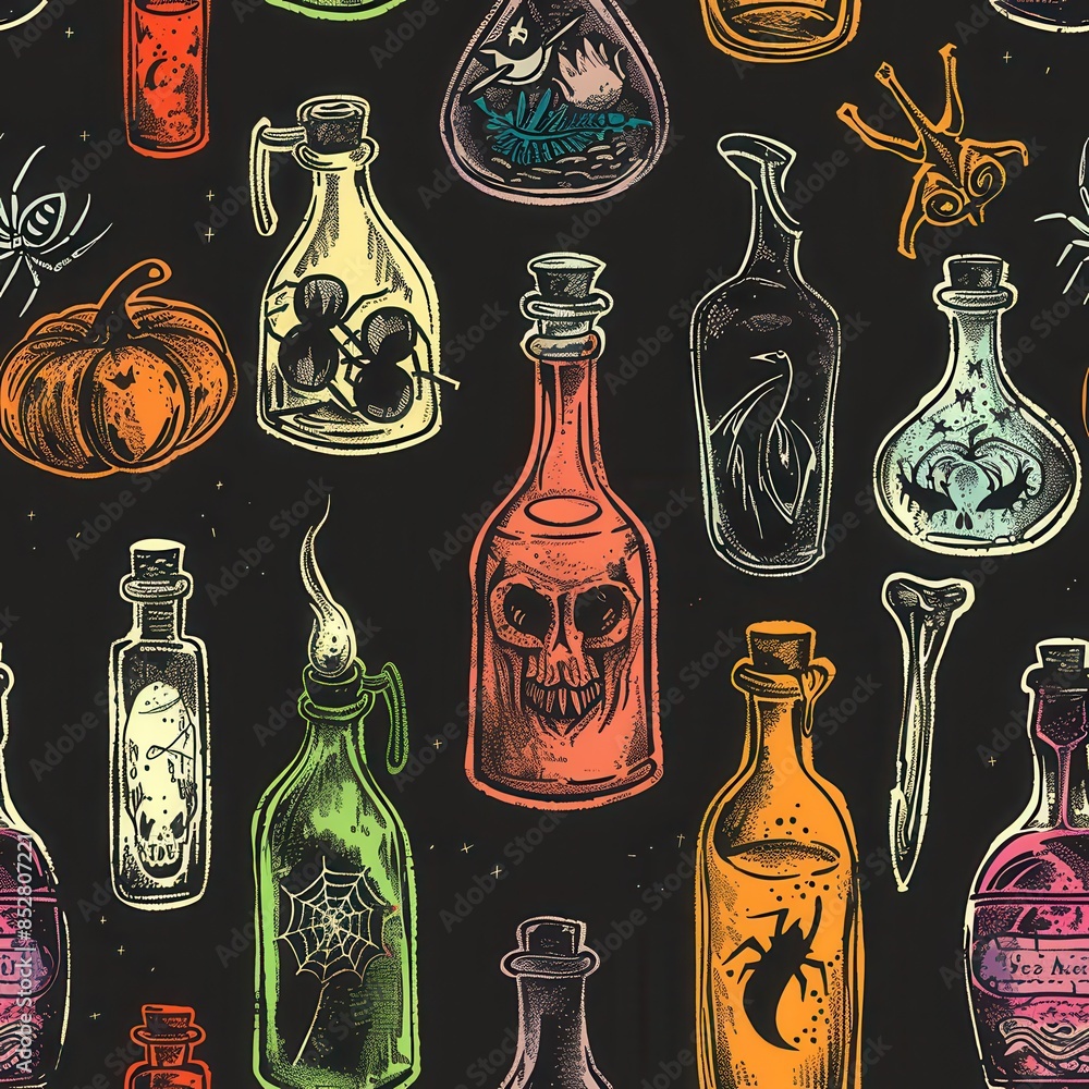 Aufkleber a seamless pattern featuring a variety of colorful potion bottles filled with spooky halloween image