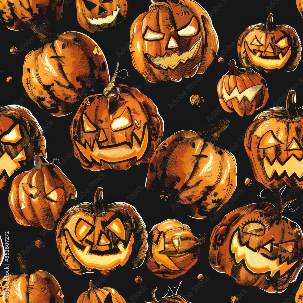 Poster this digital illustration showcases a seamless pattern of carved jack o lantern pumpkins with glowin