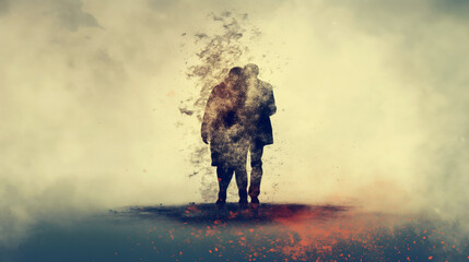 Artistic portrayal of a couple embracing, dissolving into abstract particles, against a soft, muted background, symbolizing love and unity.