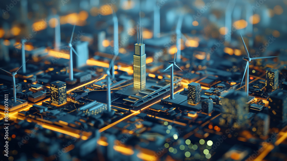 Poster a smart grid system with renewable energy sources integrated, visualized through a cityscape with en
