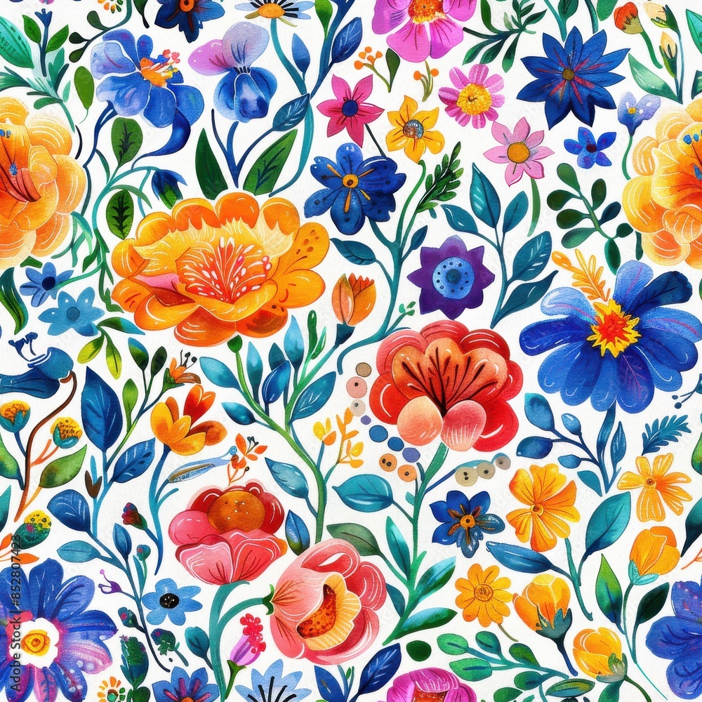 Leinwandbilder This image features a seamless pattern of watercolor flowers in a vibrant color palette. The pattern is set against a white background and showcases intricate details in each flower, creating a lively